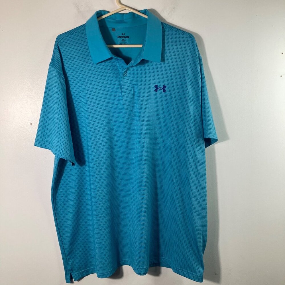 Mens Under Armour Polo Shirt Loose‎ Short Sleeve 2XL Green Blue Dots Golf